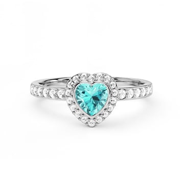 Halo Heart Statement Ring with Light Turquoise Crystals Rhodium Plated