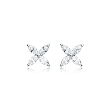 Victoria Flower Marquise Clear CZ Stud Earrings Bridal Rhodium Plated