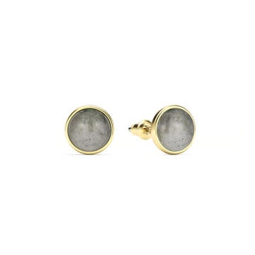 Round Petite Cabochon Stud Earrings Grey Moonstone Gold Plated