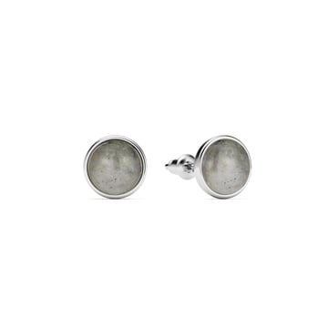 Round Petite Cabochon Stud Earrings Grey Moonstone Rhodium Plated