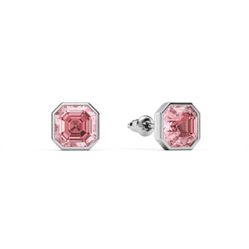 Asscher Stud Earrings with Light Rose Crystals Rhodium Plated