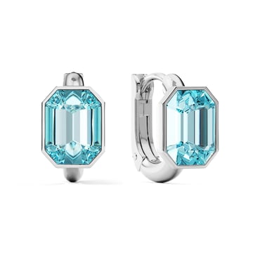 Octagon Statement Hoop Earrings with Aquamarine Crystals Rhodium Plated