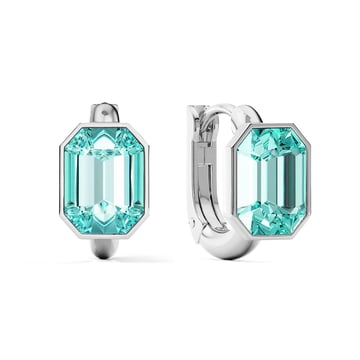Octagon Statement Hoop Earrings with Light Turquoise Crystals Rhodium Plated