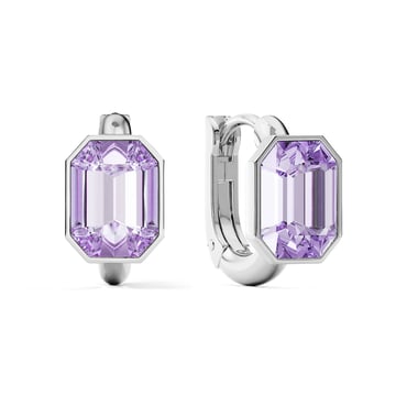 Octagon Statement Hoop Earrings with Violet Crystals Rhodium Plated