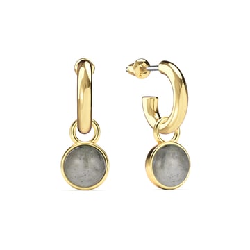 Round Cabochon Drop Earrings Grey Moonstone Gold Plated