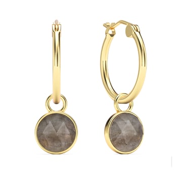 Round Rose Cut Grey Moonstone 18mm Hoop Drop Earrings Gold Plated
