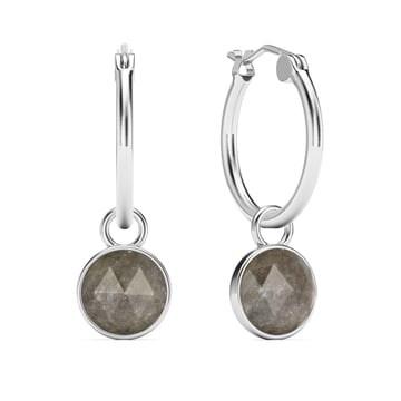Round Rose Cut Grey Moonstone 18mm Hoop Drop Earrings Rhodium Plated