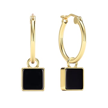 Square 18mm Hoop Drop Earrings Black Onyx Gold Plated