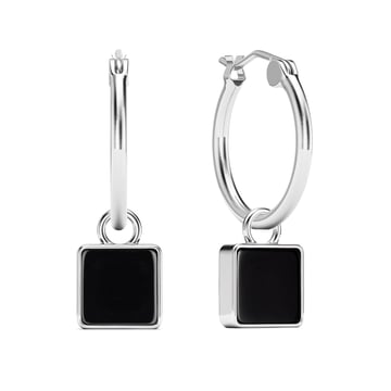 Square 18mm Hoop Drop Earrings Black Onyx Rhodium Plated