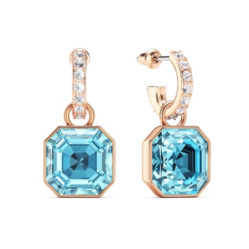 Asscher Mix Charms and Eternity 11mm Carrier Earrings Set Aquamarine Rose Gold Plated