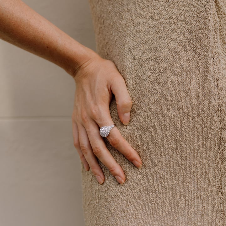 Pave Dome Cocktail Ring Clear Crystals Rhodium Plated