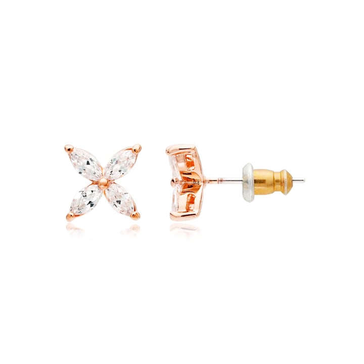 Victoria Flower Marquise Clear CZ Stud Earrings Bridal Rose Gold Plated