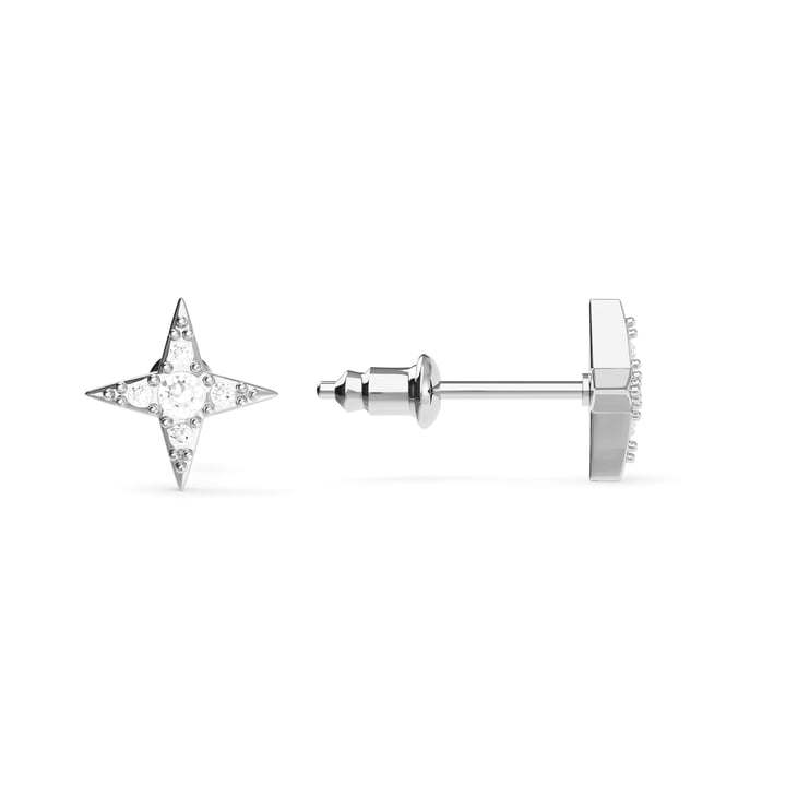Petite Compass Star Stud Earrings Clear Crystals Rhodium Plated
