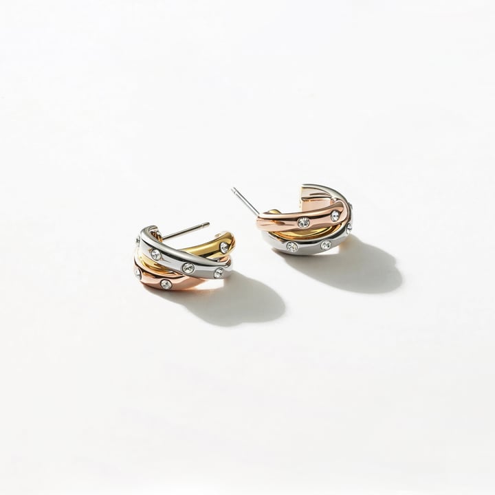 Trinity Studded Hoop Earrings Tri Gold Plated Clear