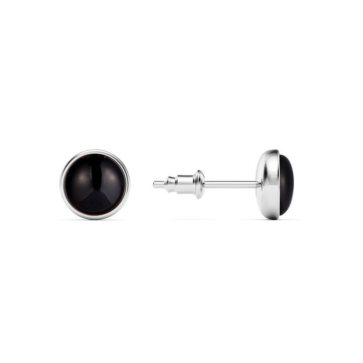 Round Petite Cabochon Stud Earrings Black Onyx Rhodium Plated