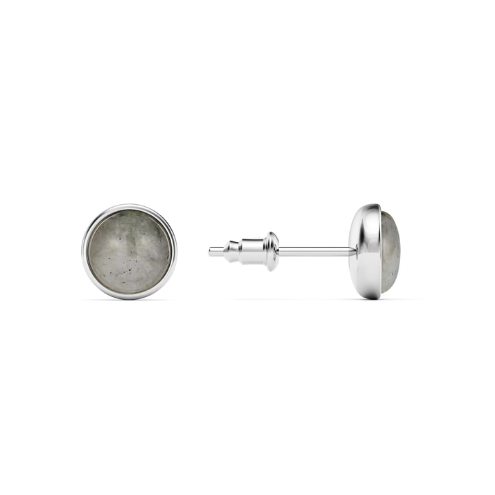 Round Petite Cabochon Stud Earrings Grey Moonstone Rhodium Plated