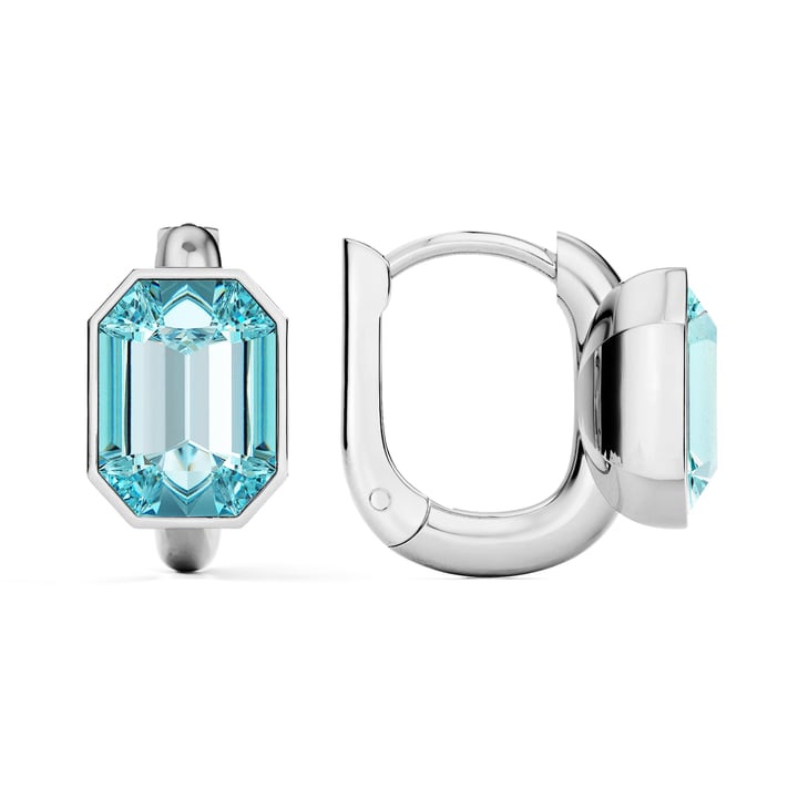 Octagon Statement Hoop Earrings with Aquamarine Crystals Rhodium Plated