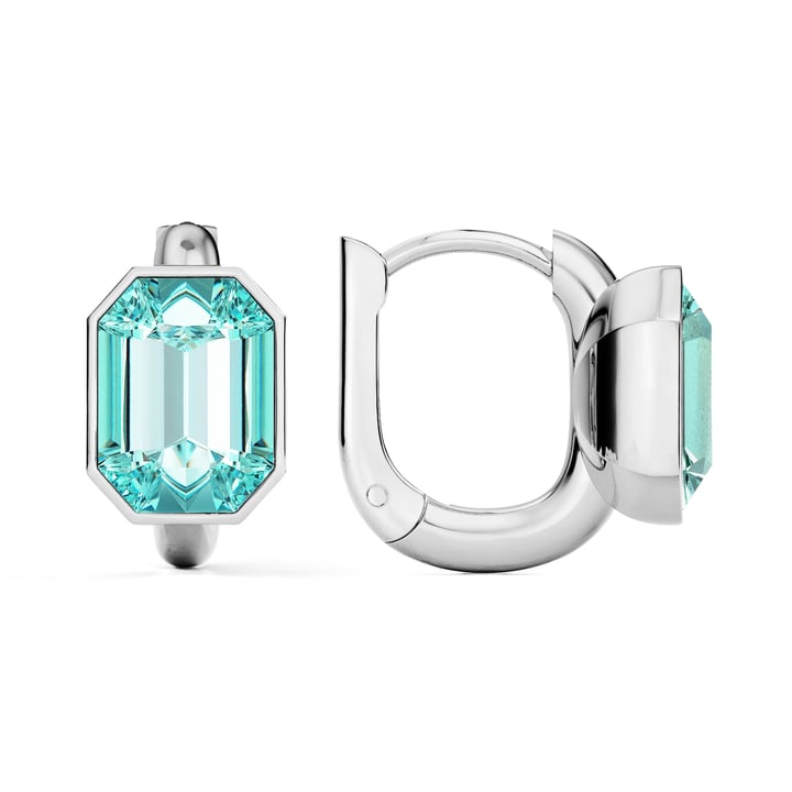 Octagon Statement Hoop Earrings with Light Turquoise Crystals Rhodium Plated