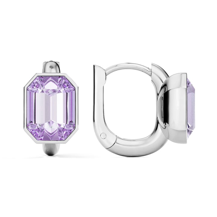 Octagon Statement Hoop Earrings with Violet Crystals Rhodium Plated