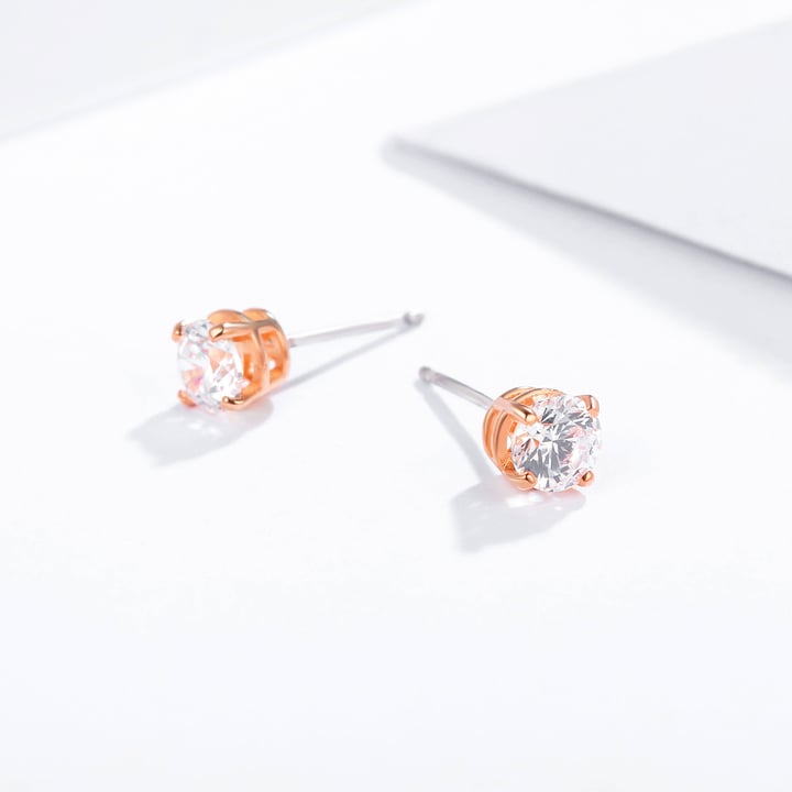 Solitaire Clear Cubic Zirconia Sterling Silver Stud Earrings 4mm Rose Gold Plated