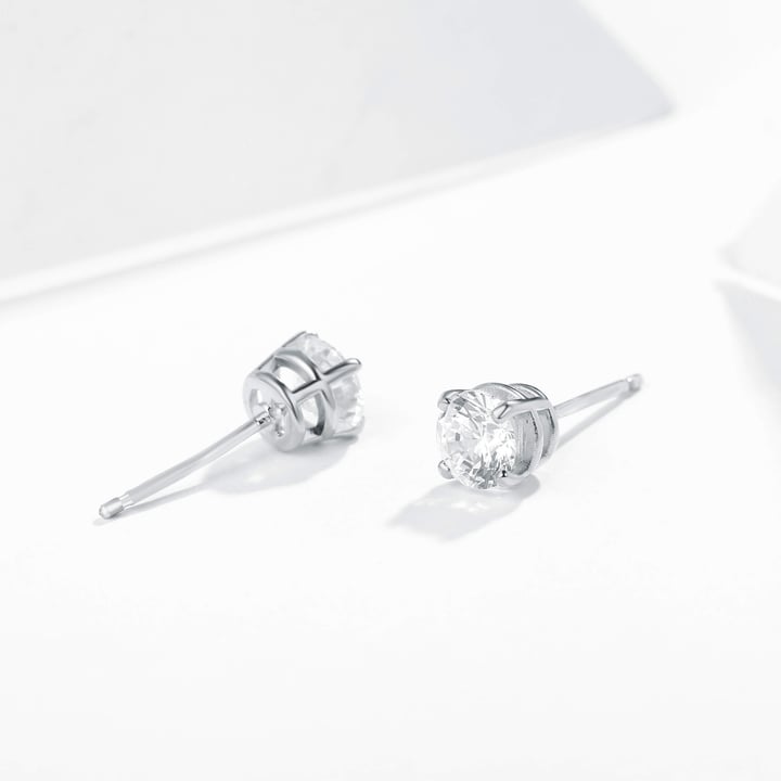 Solitaire Clear Cubic Zirconia Sterling Silver Stud Earrings 4mm Rhodium Plated