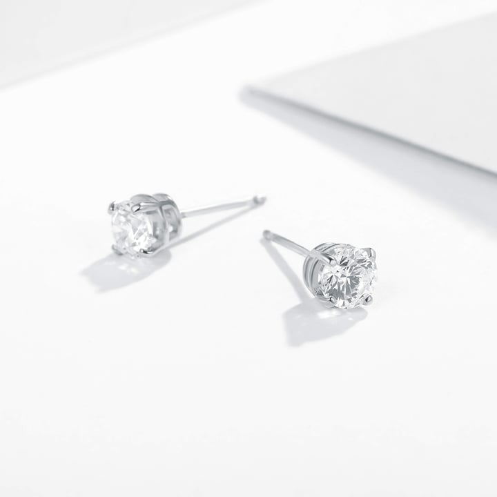 Solitaire Clear Cubic Zirconia Sterling Silver Stud Earrings 4mm Rhodium Plated
