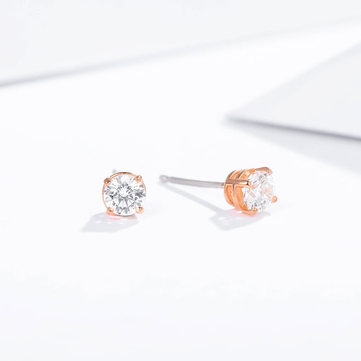 Solitaire Clear Cubic Zirconia Sterling Silver Stud Earrings 5mm Rose Gold Plated