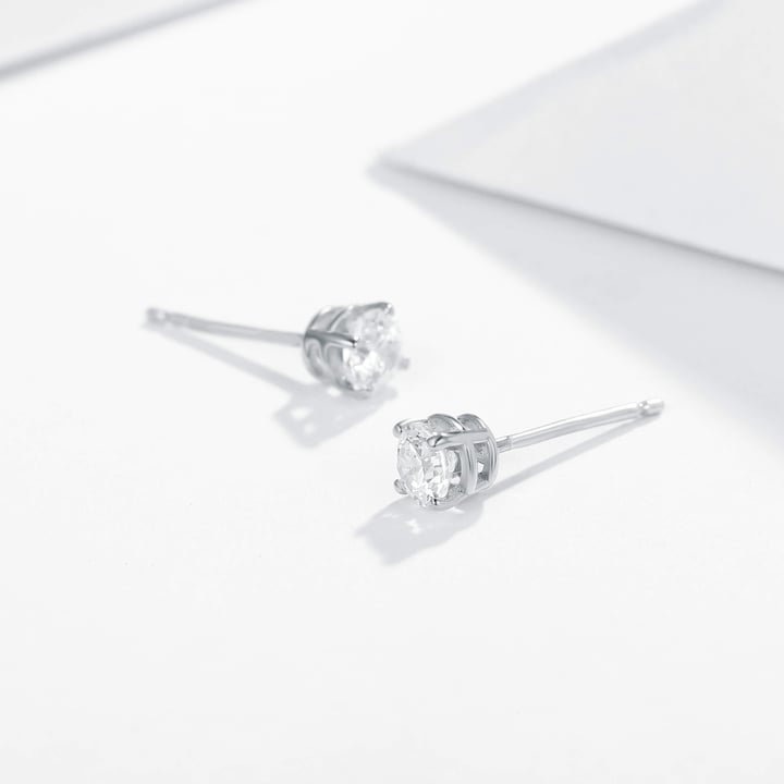 Solitaire Clear Cubic Zirconia Sterling Silver Stud Earrings 5mm Rhodium Plated