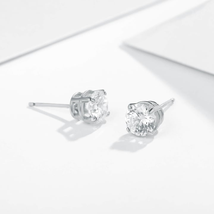 Solitaire Clear Cubic Zirconia Sterling Silver Stud Earrings 6mm Rhodium Plated