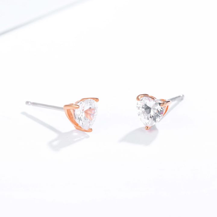 Solitaire Heart Clear Cubic Zirconia Sterling Silver Stud Earrings 5mm Rose Gold Plated
