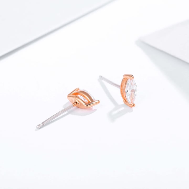 Solitaire Marquise Clear Cubic Zirconia Sterling Silver Stud Earrings Rose Gold Plated
