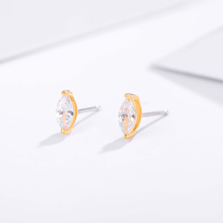 Solitaire Marquise Clear Cubic Zirconia Sterling Silver Stud Earrings Gold Plated