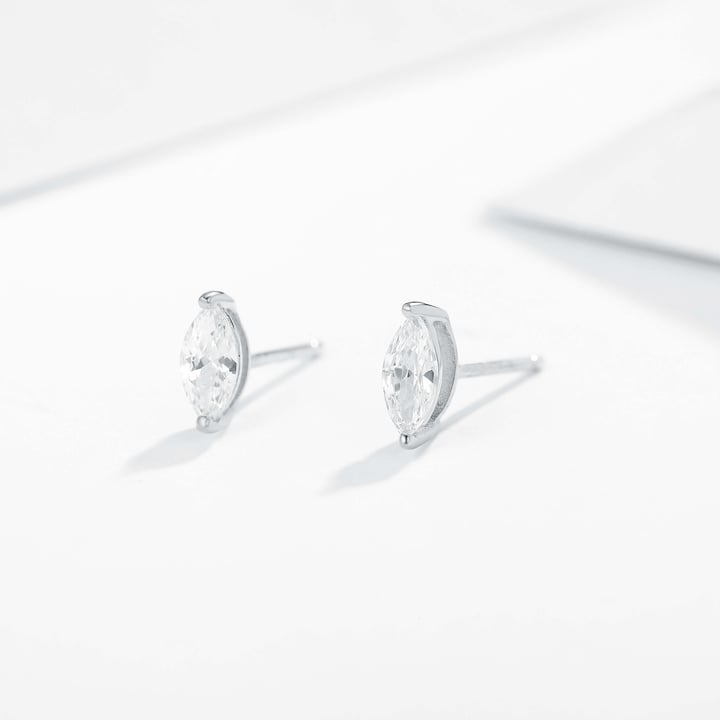 Solitaire Marquise Clear Cubic Zirconia Sterling Silver Stud Earrings Rhodium Plated