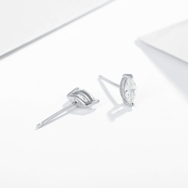 Solitaire Marquise Clear Cubic Zirconia Sterling Silver Stud Earrings Rhodium Plated