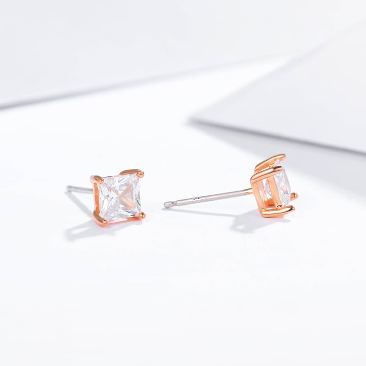 Solitaire Square Clear Cubic Zirconia Sterling Silver Stud Earrings 5mm Rose Gold Plated