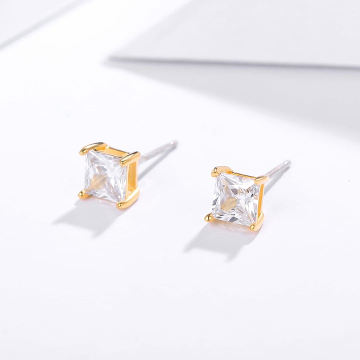 Solitaire Square Clear Cubic Zirconia Sterling Silver Stud Earrings 5mm Gold Plated