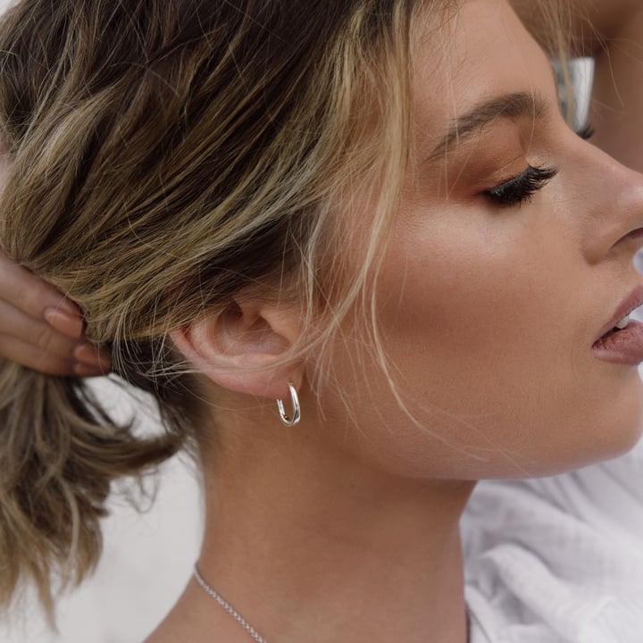 Minimal Long Mix Hoop Carrier Earrings in Sterling Silver Clear Rhodium Plated