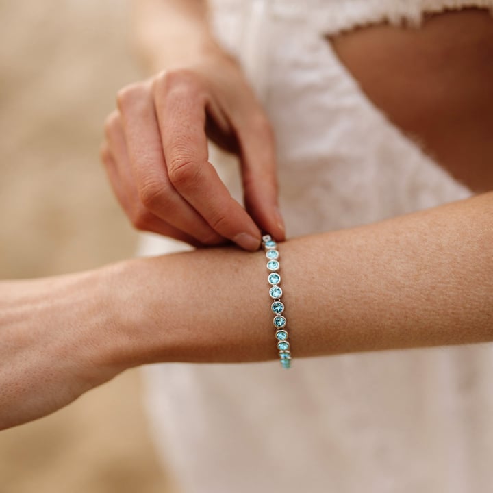 Tennis Bracelet with Light Turquoise Swarovski Crystal Rhodium Plated