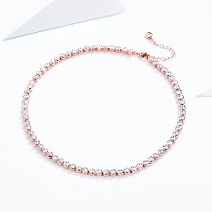 Tennis Necklace with Clear Swarovski Crystals Bridal Rose Gold Plated