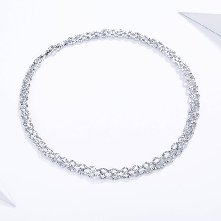 Lace Wide Necklace w Clear Swarovski Crystals Rhodium Plated Bridal