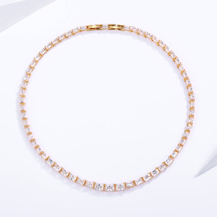 Jazz Tennis Necklace with Baguette Cut Clear Cubic Zirconia Bridal Gold Plated