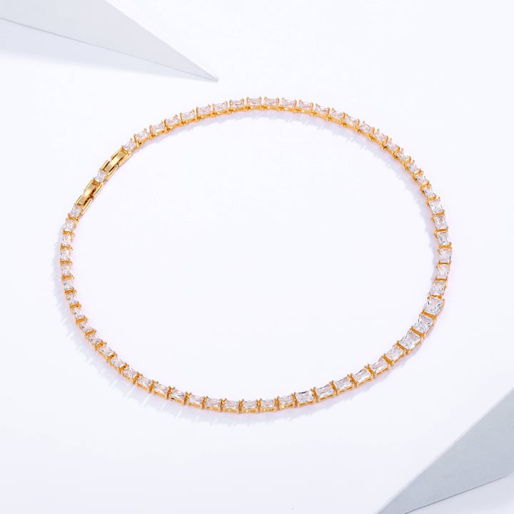 Jazz Tennis Necklace with Baguette Cut Clear Cubic Zirconia Bridal Gold Plated