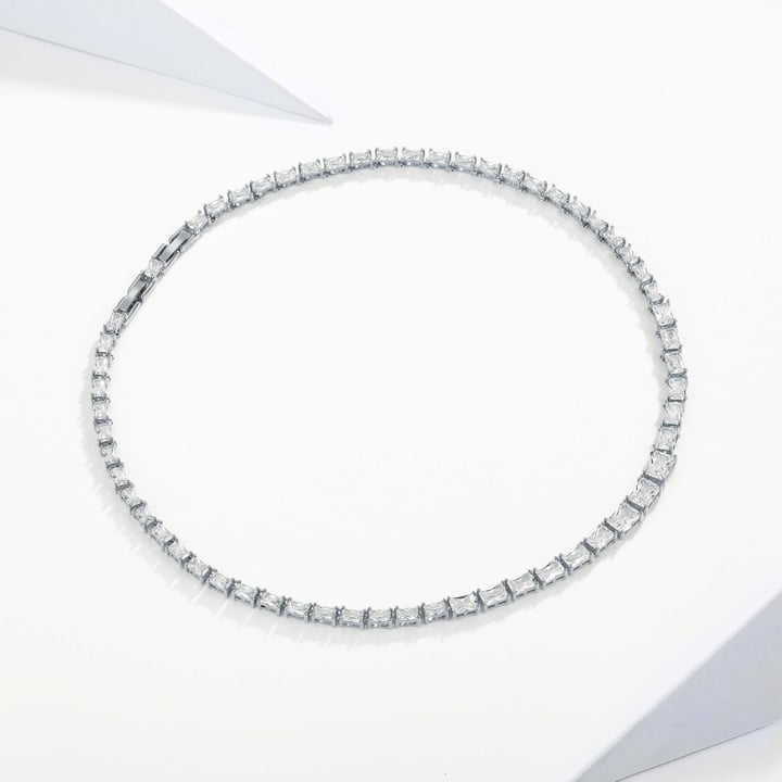 Jazz Tennis Necklace with Baguette Cut Clear Cubic Zirconia Bridal Rhodium Plated