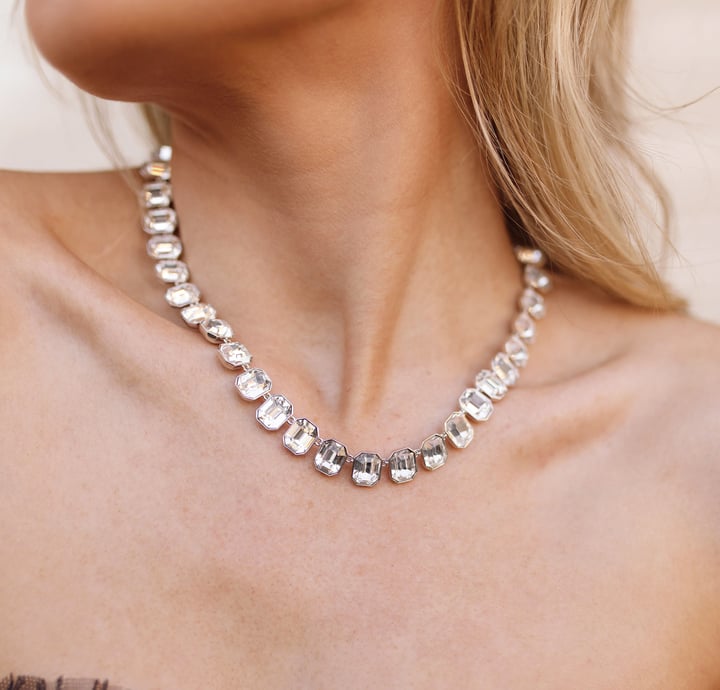 Octagon Statement Necklace Clear Crystals Rhodium Plated