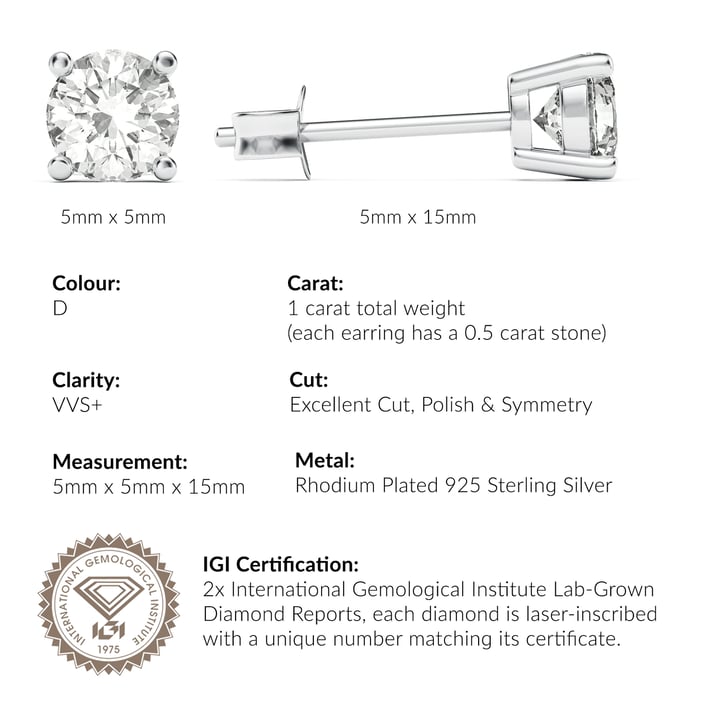 1.00 Carat D VVS+ IGI Certified Finest Lab Grown Diamond Stud Earrings Sterling Silver