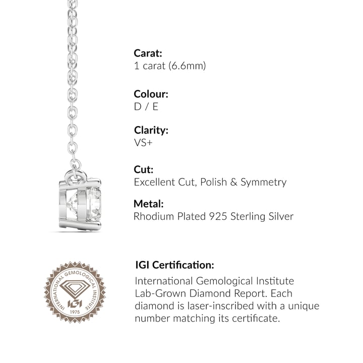 1.0 Carat DE VS+ IGI Certified Lab Grown Diamond Solitaire Pendant Sterling Silver Clear Rhodium Plated