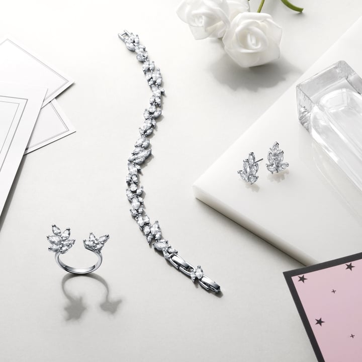Louison Cluster Statement Bracelet with Clear Cubic Zirconia Rhodium Plated