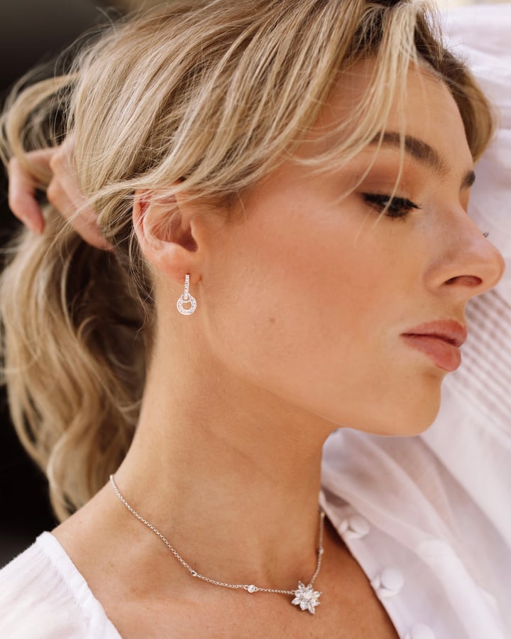 Circle Petite Drop Earrings Clear Crystal Rhodium Plated