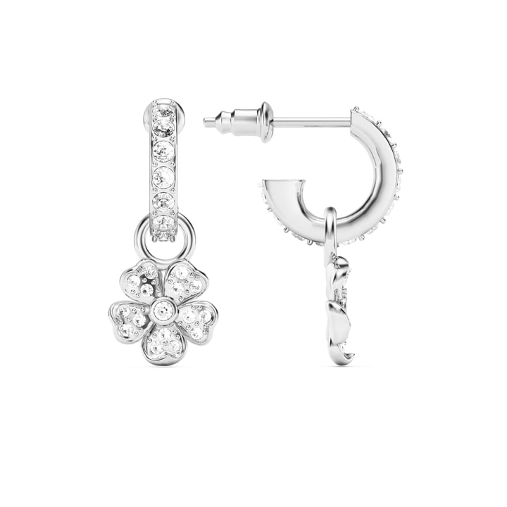 Cherry Blossom Flower Hoop Earrings Clear Crystals Pave Rhodium Plated