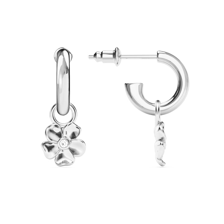 Cherry Blossom Flower Hoop Earrings Clear Crystals Rhodium Plated